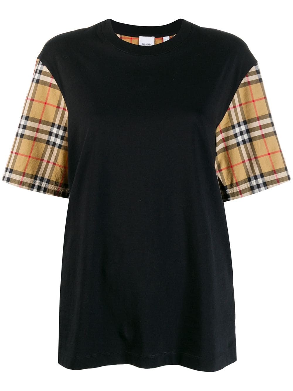 Burberry Women Black T-shirt With Vintage Check Motif On The Sleeves In Cotton Woman In Black