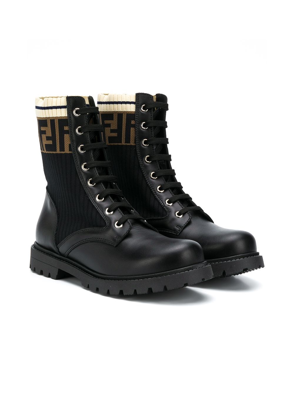 Fendi Kids Boys Black Leather And Fabric Unisex Biker Boots