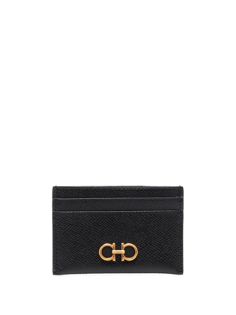Ferragamo Women's Black Gold Gancini Hammered Leather Card Holder