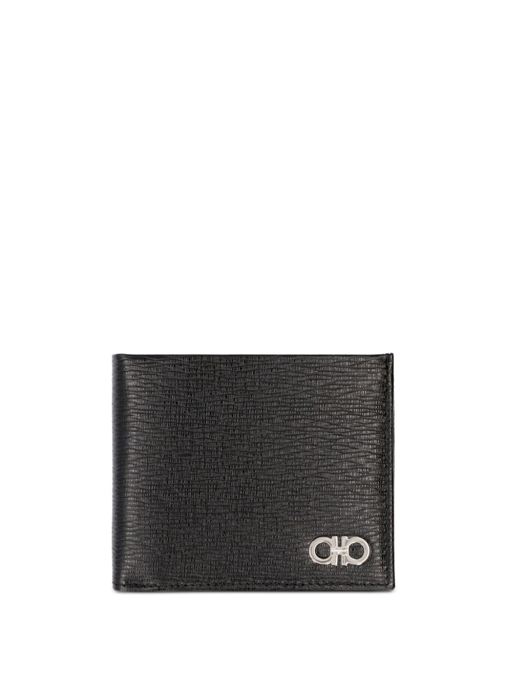 Ferragamo Men's Black Hammered Leather Metal Gancini Bi-Fold Wallet