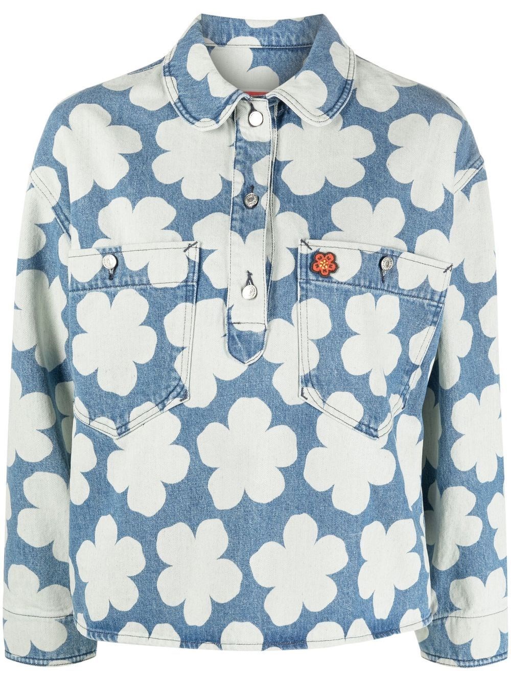Kenzo Printed Denim Polo Overshirt In Blue