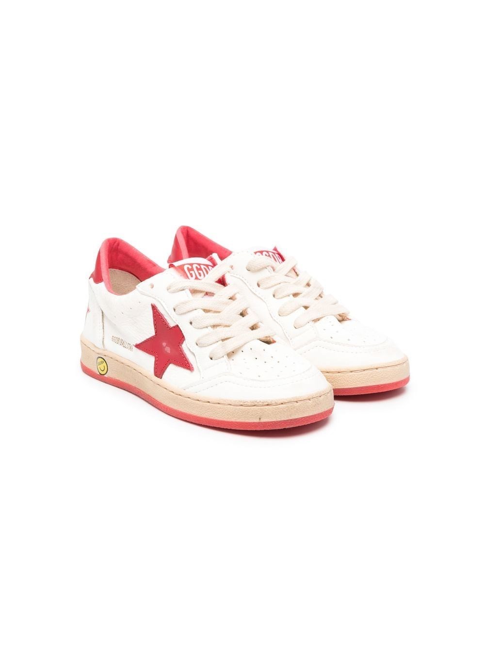 Golden Goose Kids Boys White Ball Star Leather Sneaker With Red Leather Star And