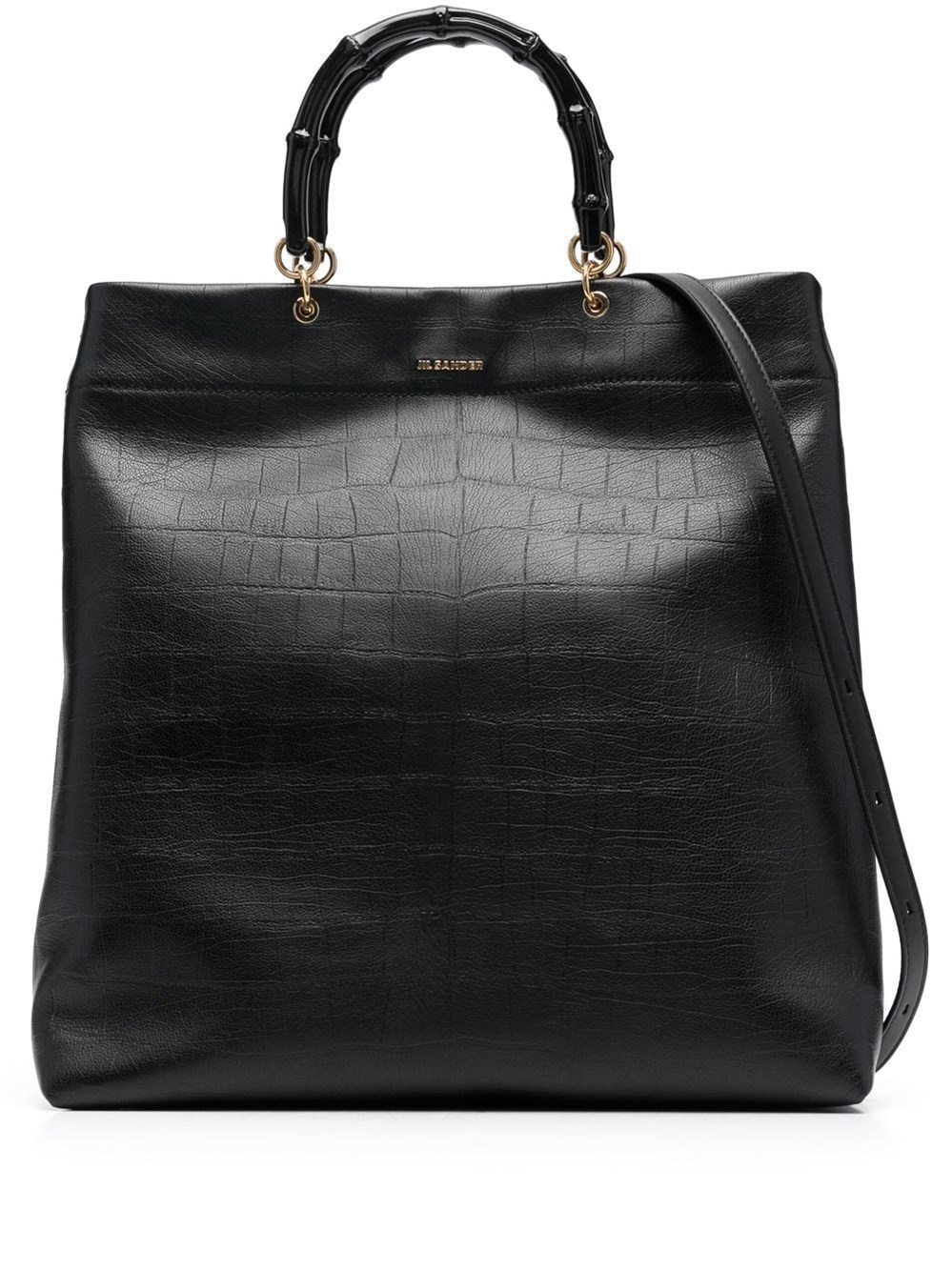 Jil Sander Bamboo-handle Embossed Leather Tote Bags In Black