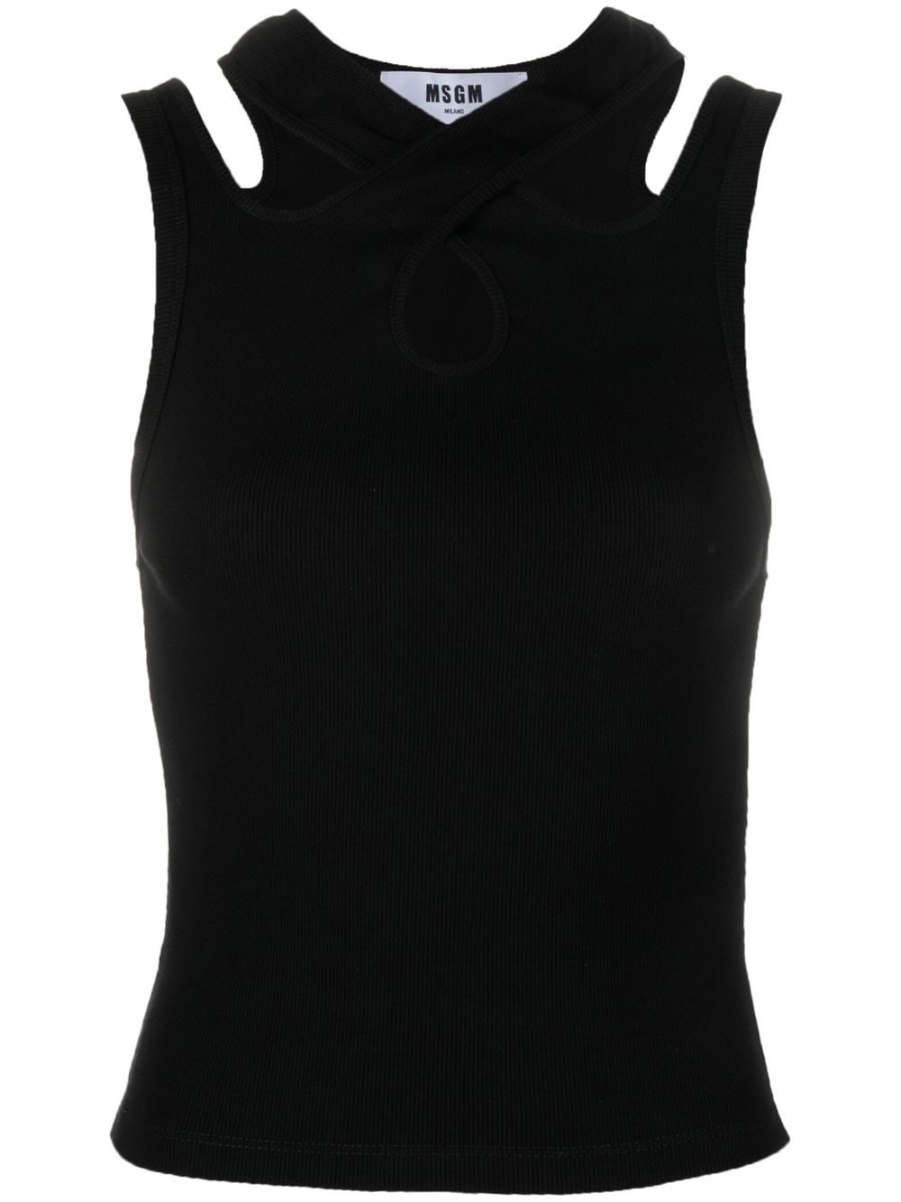 Msgm Black Ribbed Tank Top With Cut-out Detailing In Cotton Woman In Black