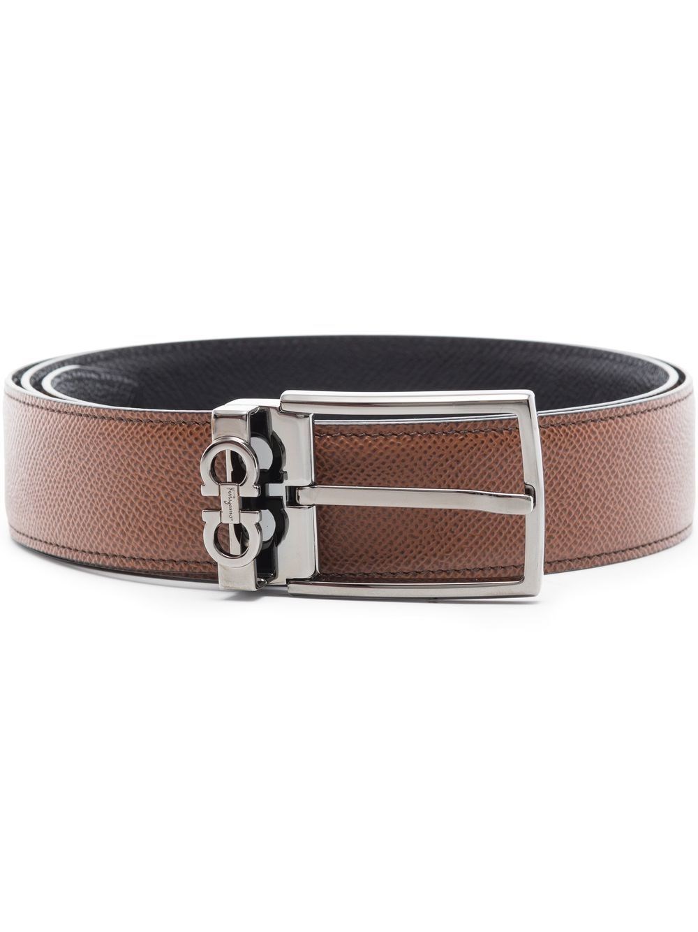 Ferragamo Leather Belt With Reversible Metal Hardware In Brown