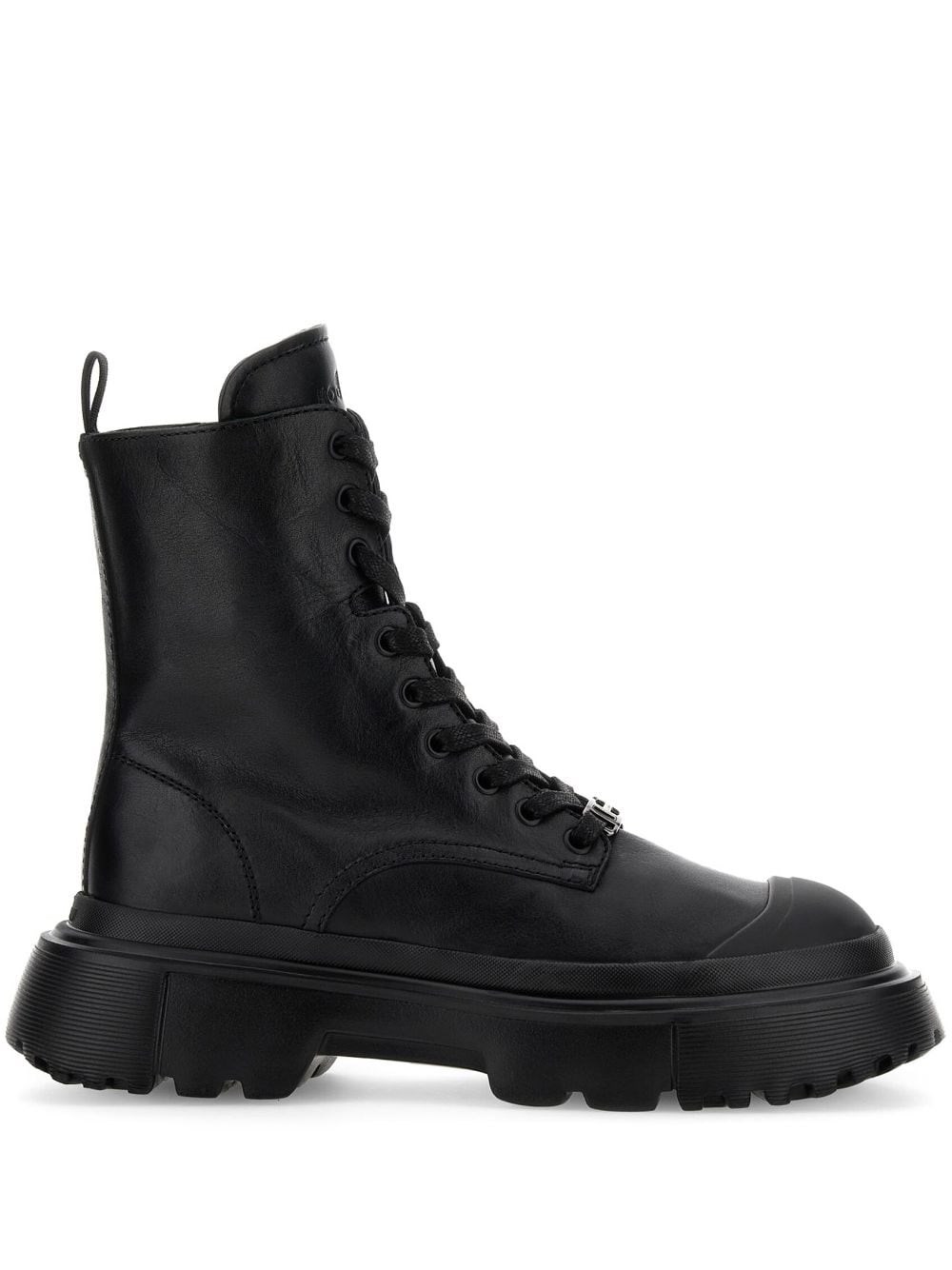 Hogan H619 Black Leather Combat Boots In Black