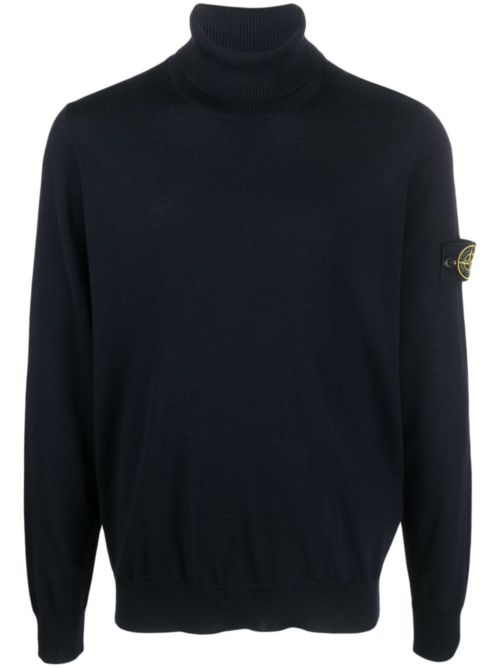 Stone Island Black Sweater With High Neck And Patch Logo On The Sleeve In Wool In Blue