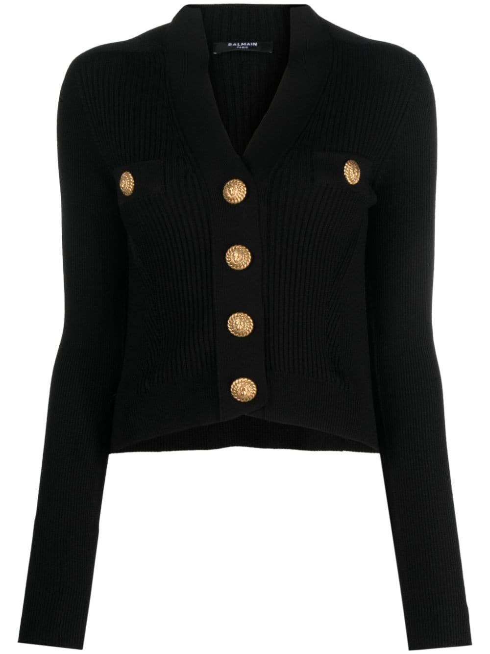 Balmain Black Fitted Cardigan With V Neckline And Jewel Buttons In Knit In Black