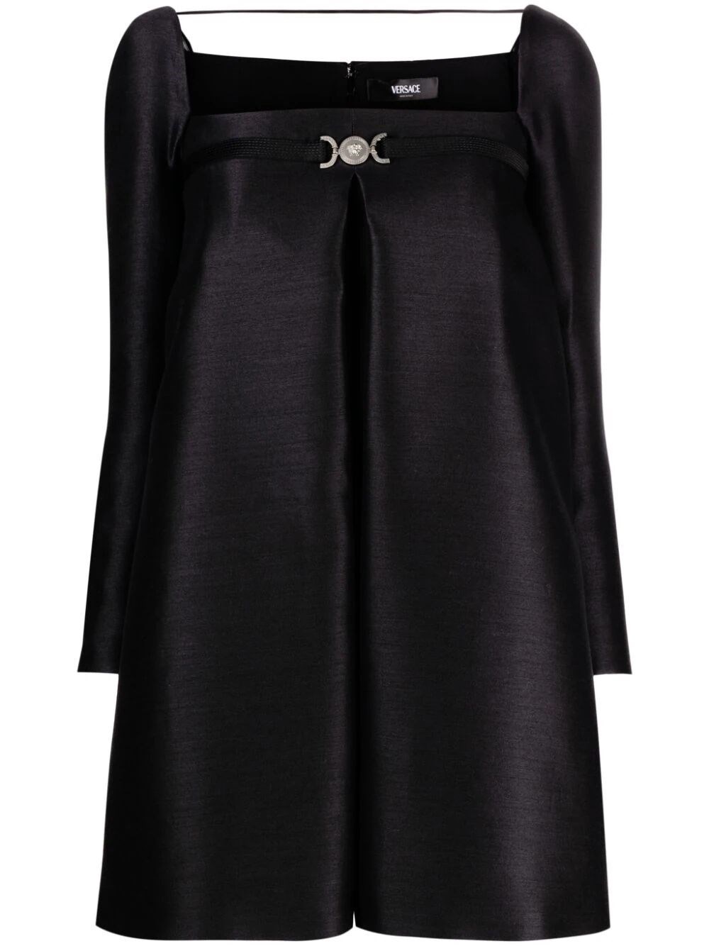 Versace Embellished Pleated Wool And Silk-blend Faille Mini Dress In Black