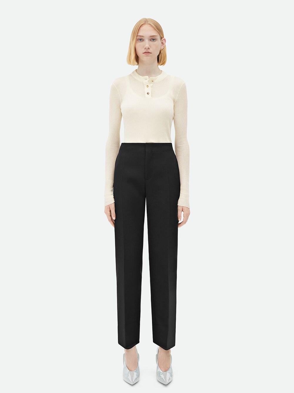 Bottega Veneta Curved Shape Compact Wool Pants In Black