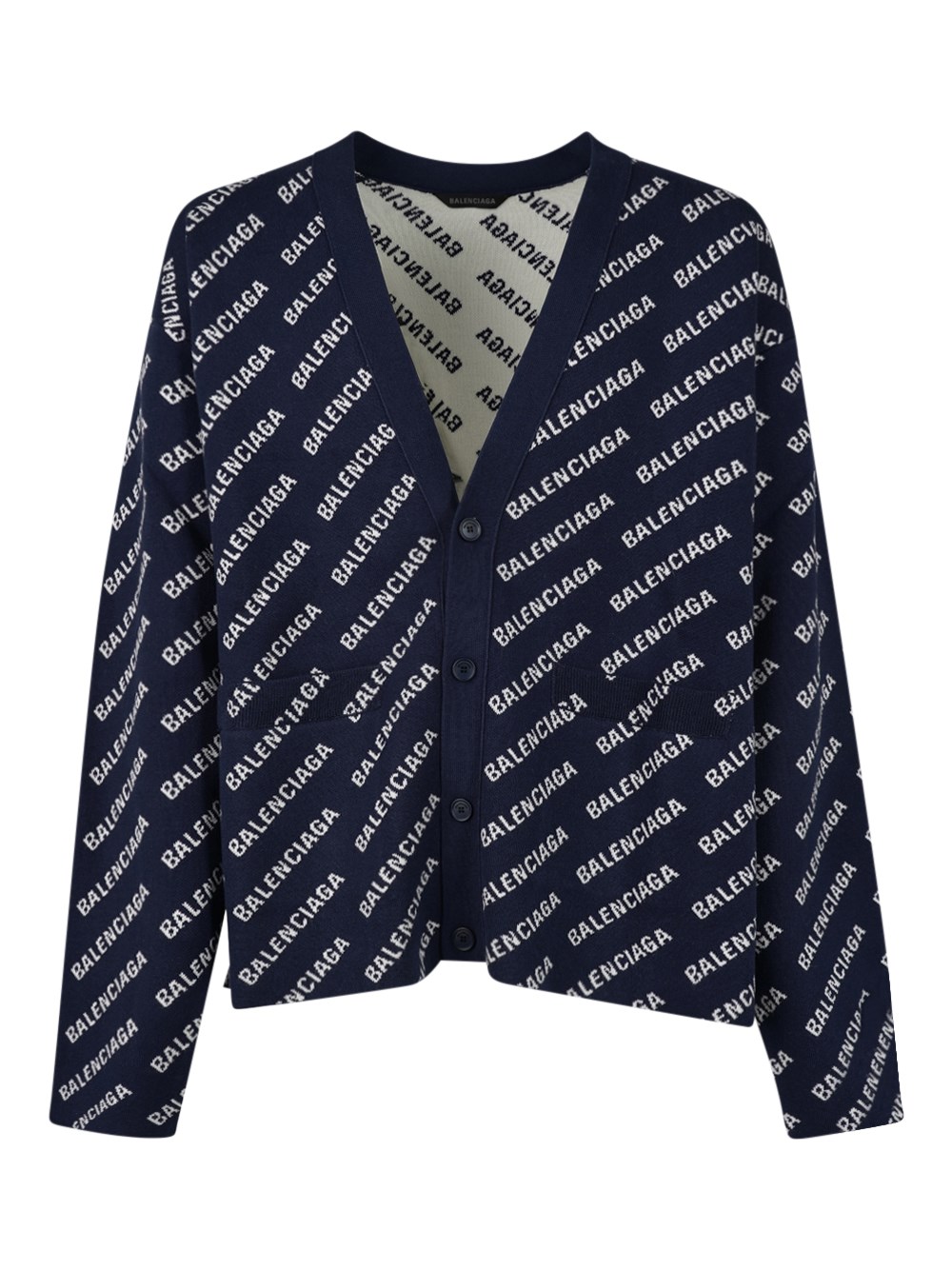 Shop Balenciaga Mini Allover Logo Knit Cardigan In Blue
