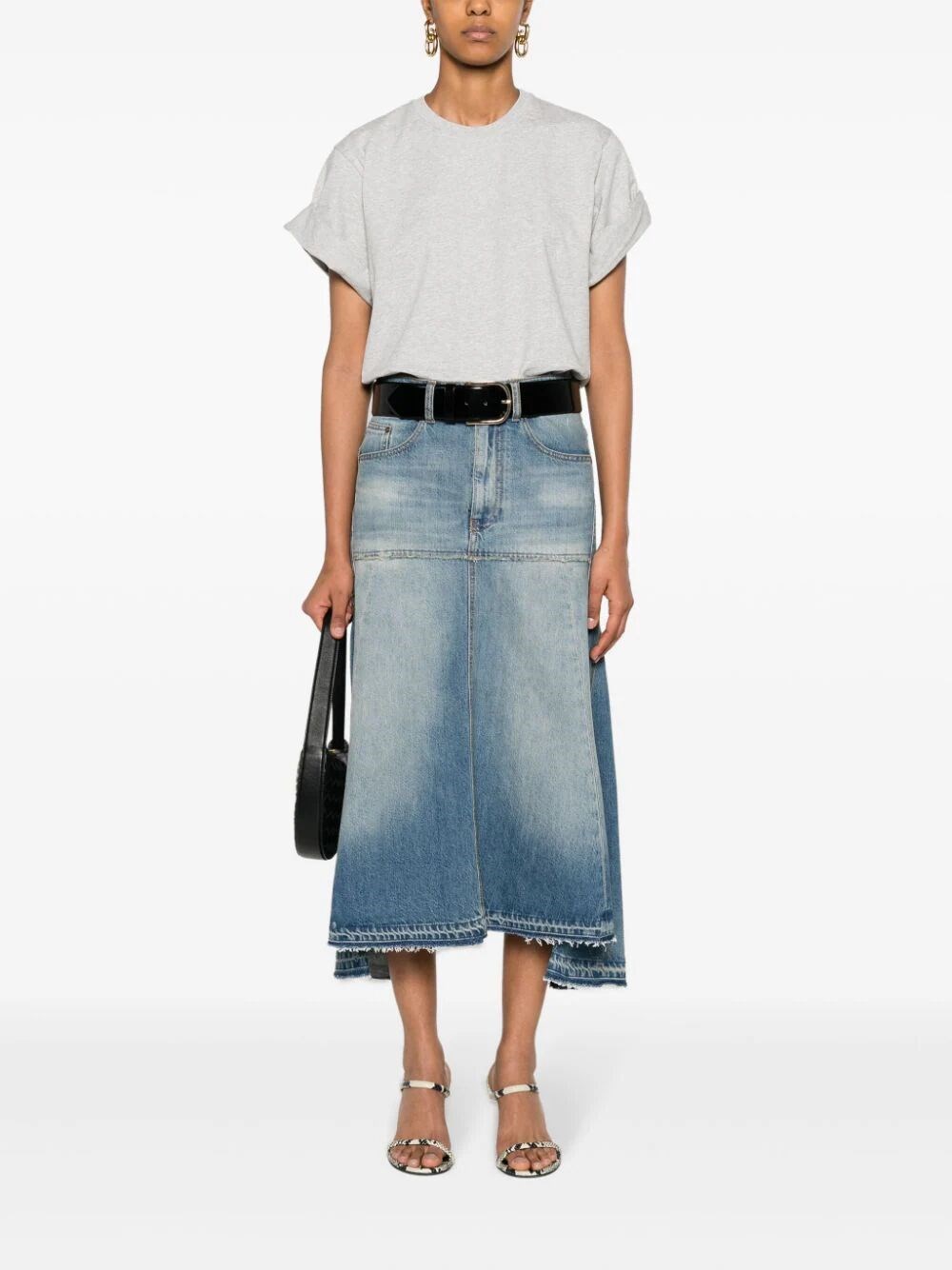 Patched denim midi skirt