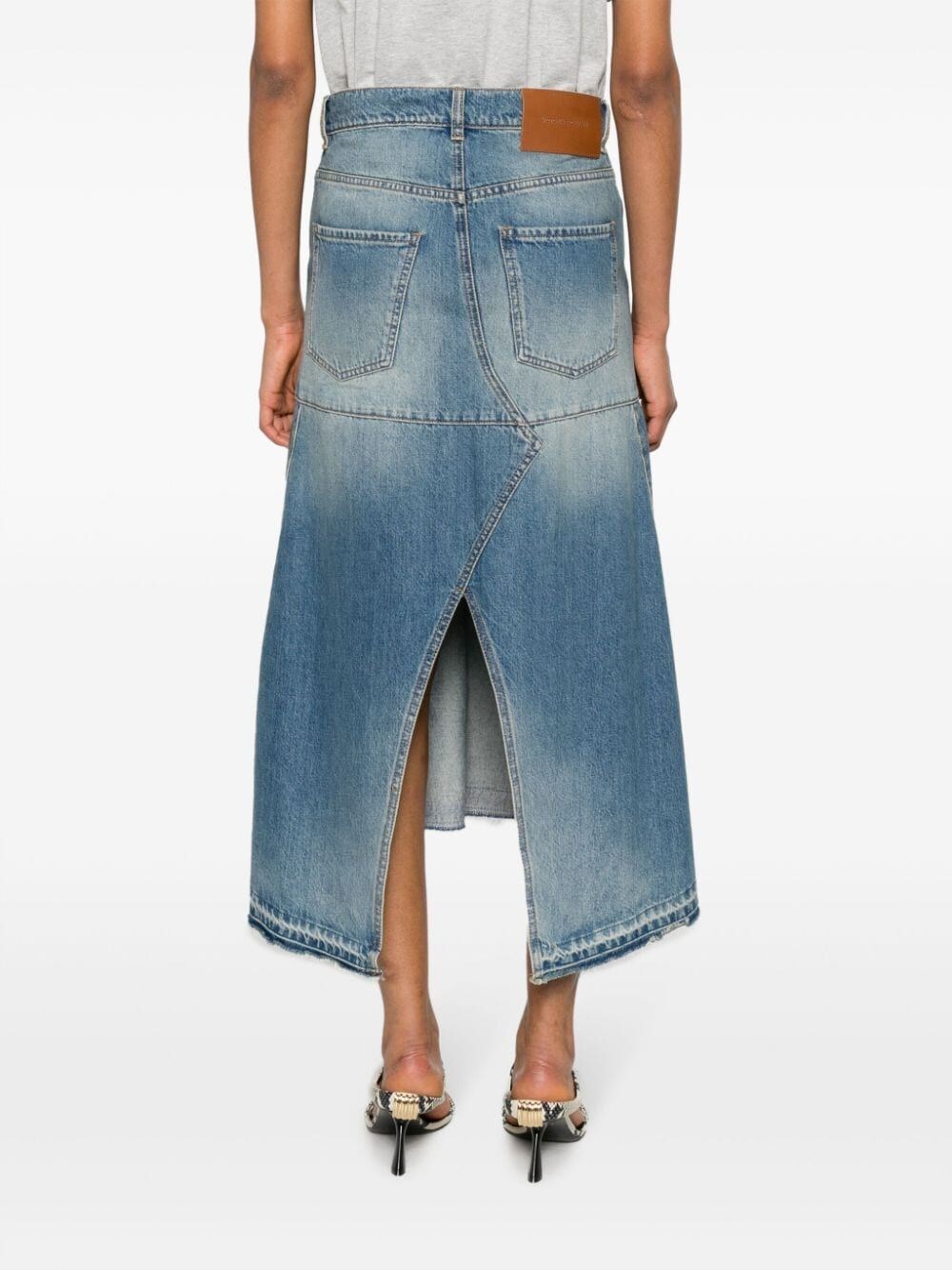 Patched denim midi skirt