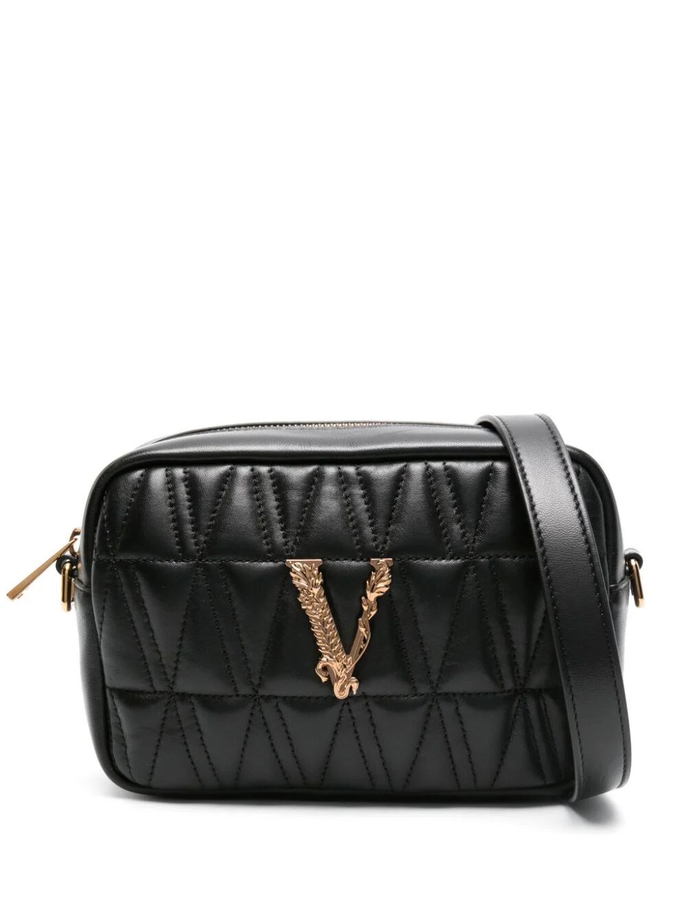 Versace Virtus Logo标牌皮质斜挎包 In Black
