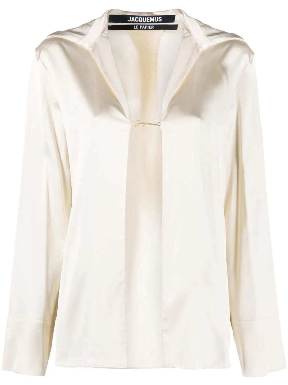 Jacquemus La Chemise Notte Logo Charm Open Front Stretch Satin Blouse In White