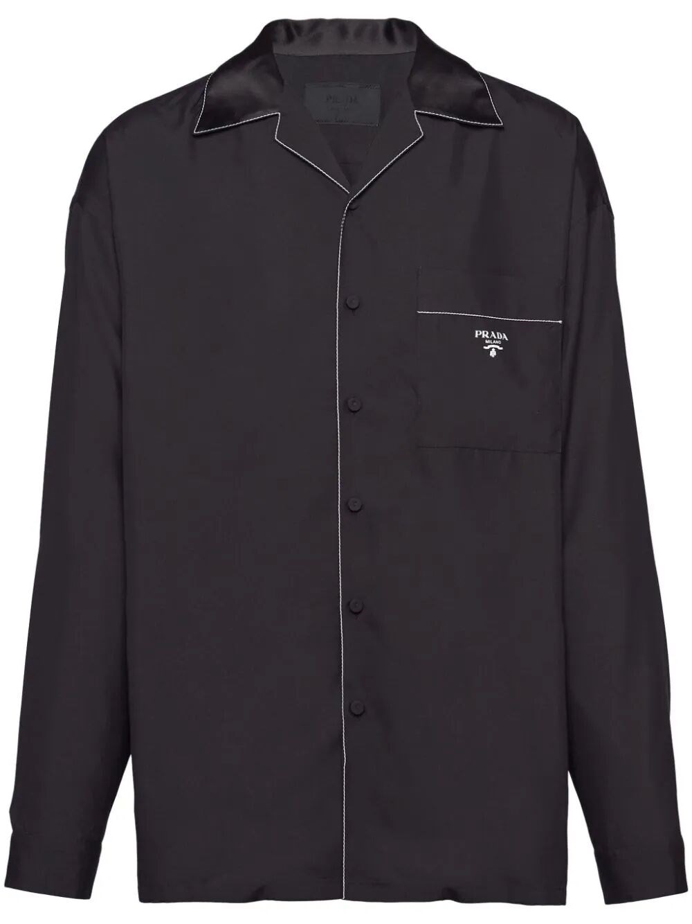 Prada Contrast-trim Silk Pajama Shirt In Black
