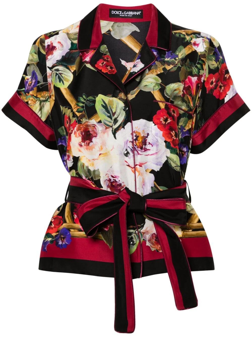 Dolce & Gabbana Floral-print Belted Shirt In Black