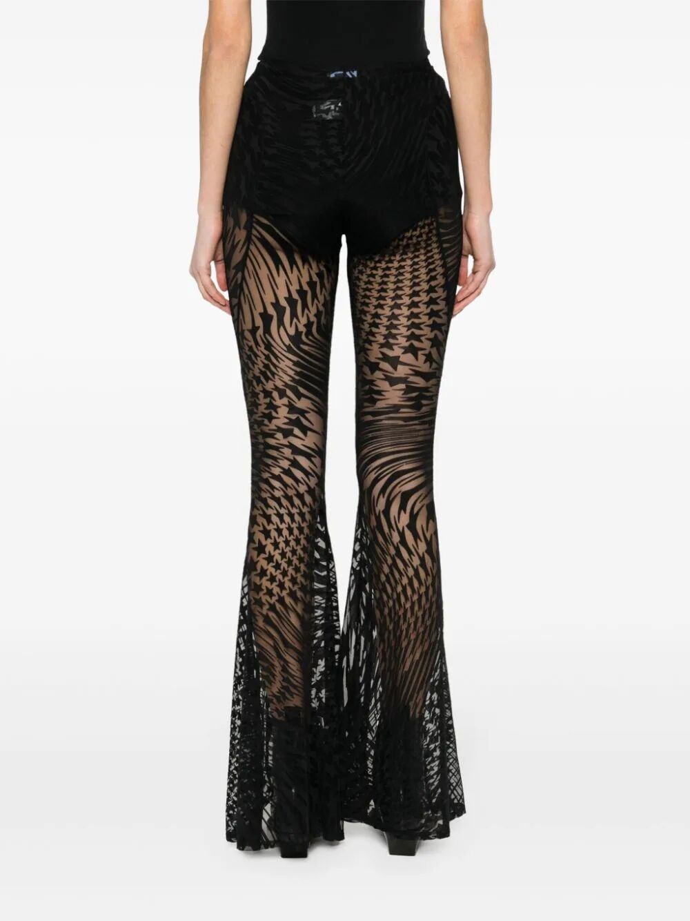 Star flocked mesh flare trousers