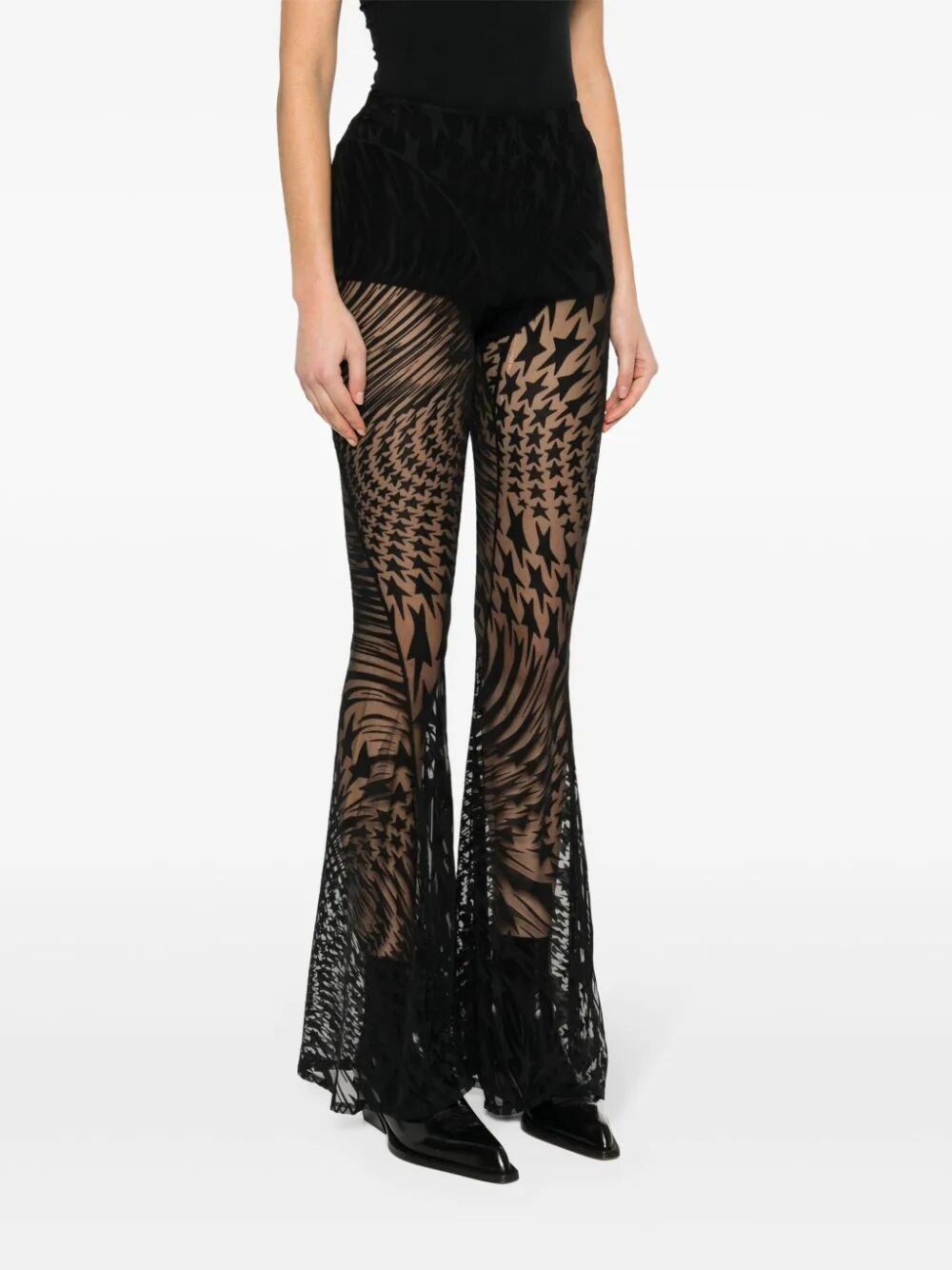 Star flocked mesh flare trousers