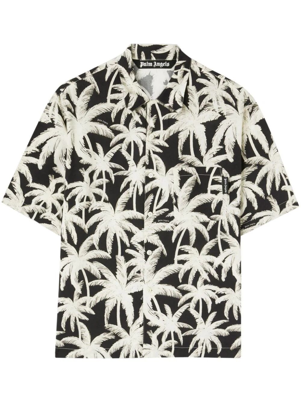 Palm Angels Black And White Short Sleeve Shirt With All-over Palm Print In Viscose In Black