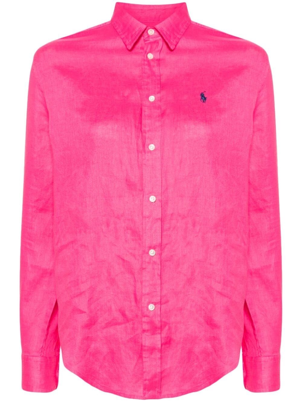 Shop Polo Ralph Lauren Linen Shirt In Pink & Purple
