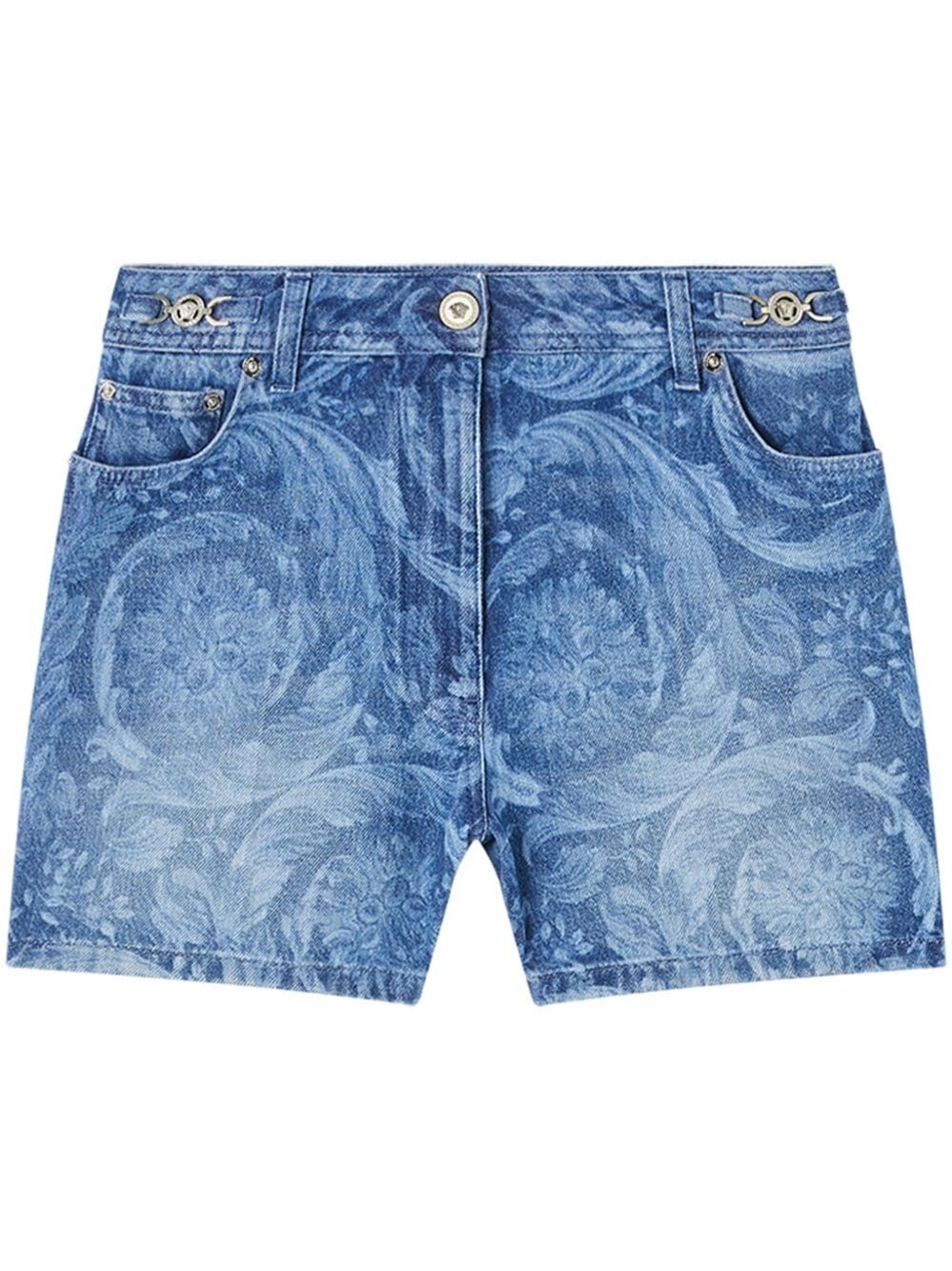 Versace Baroque Denim Shorts In Blue