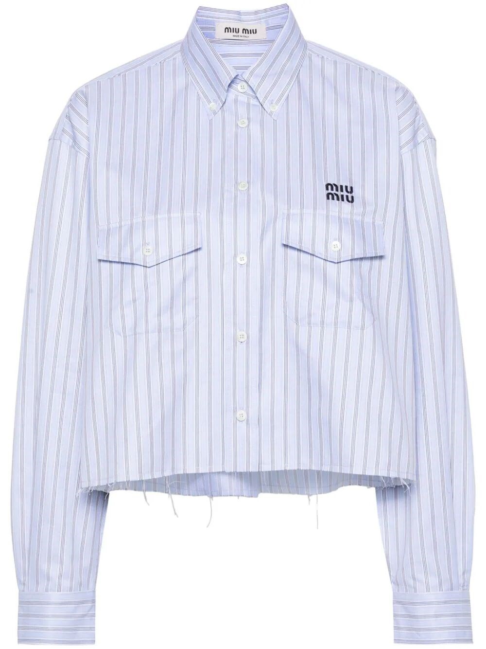 Miu Miu Striped Cropped Shirt In Blue