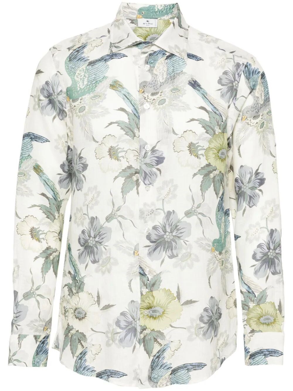 Shop Etro Floral-print Linen Shirt In Grey