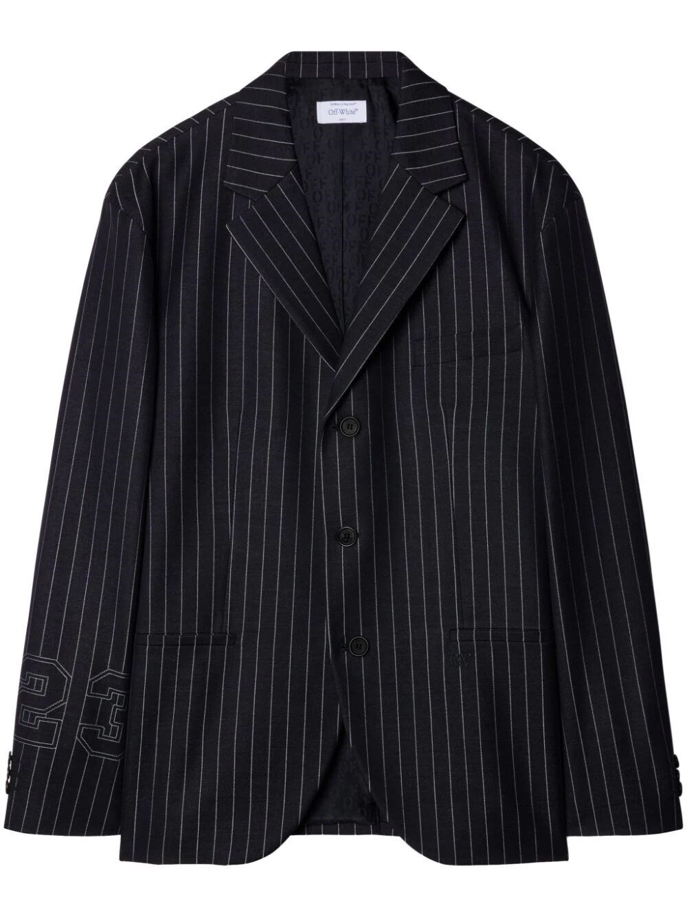 Shop Off-white 23 Pinstriped Slim Wool Jacket In Black