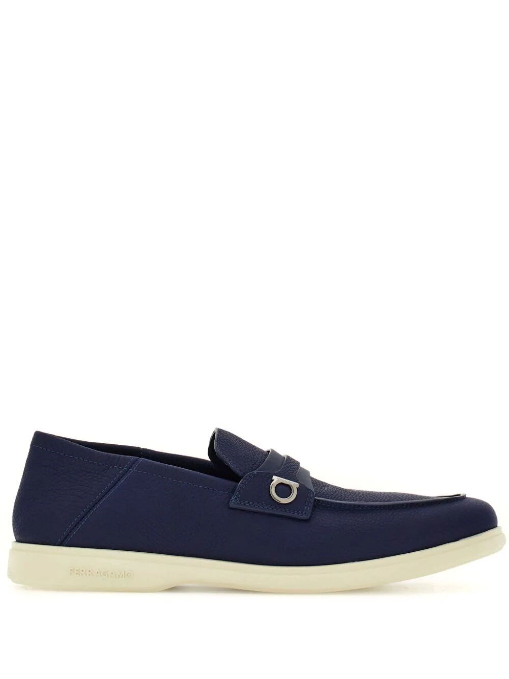 Shop Ferragamo Leather Loafers With Gancini Ornament In Blue