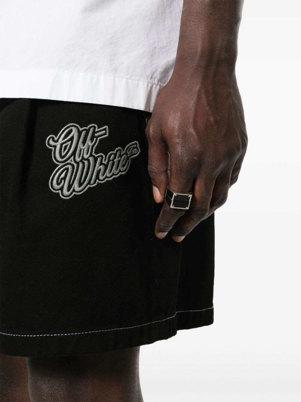 EMBROIDERED-LOGO DENIM SHORTS