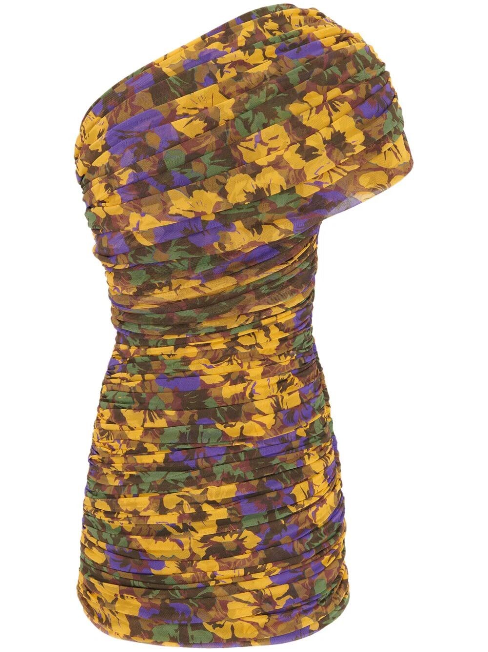 Shop Saint Laurent Ruched One-shoulder Dress In Floral Tulle In Multicolour