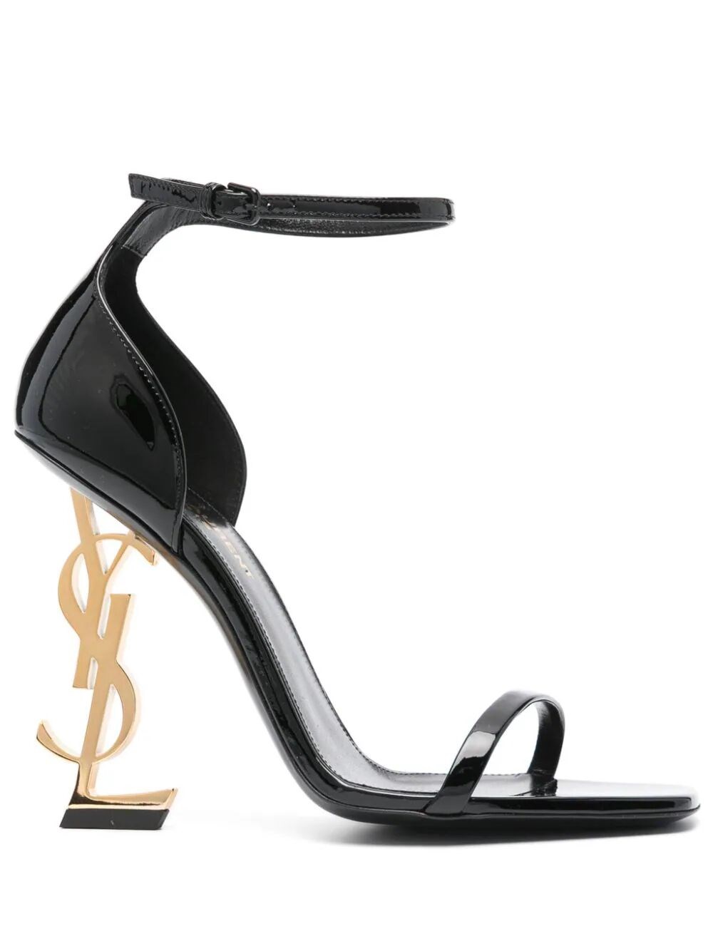 Saint Laurent Opyum Patent Leather Sandals With Structured Heel Featuring Metal Ysl Initials And Adj In Black
