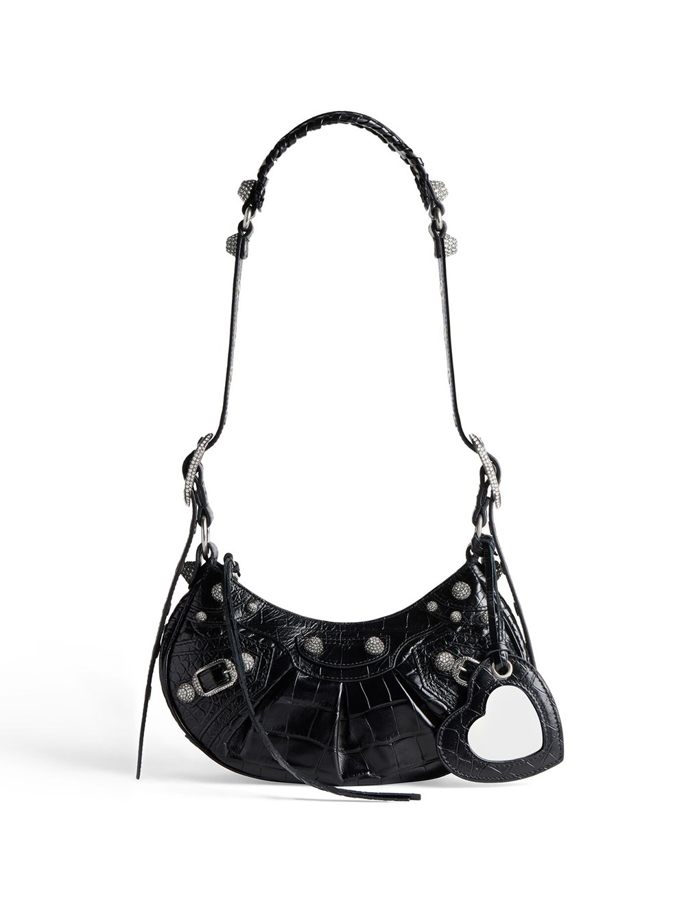 Balenciaga Croco-print Leather Crossbody Handbag With Decorative Studs And Buckles In Black