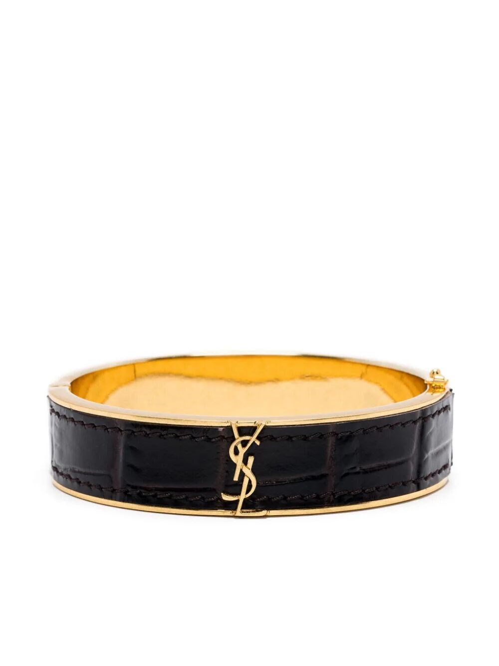 Shop Saint Laurent Cassandre Leather Bracelet In Brown