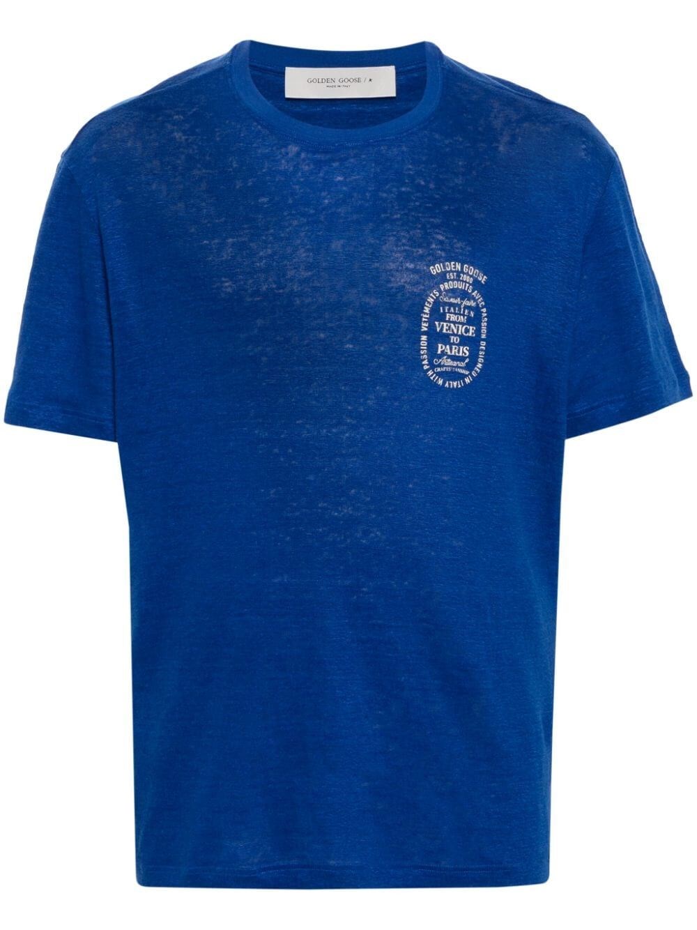 Shop Golden Goose Logo-print Linen T-shirt In Blue