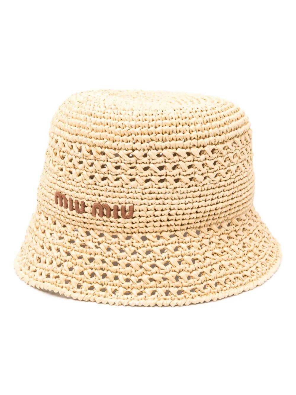 Shop Miu Miu Embroidered-logo Raffia Bucket Hat In Nude & Neutrals