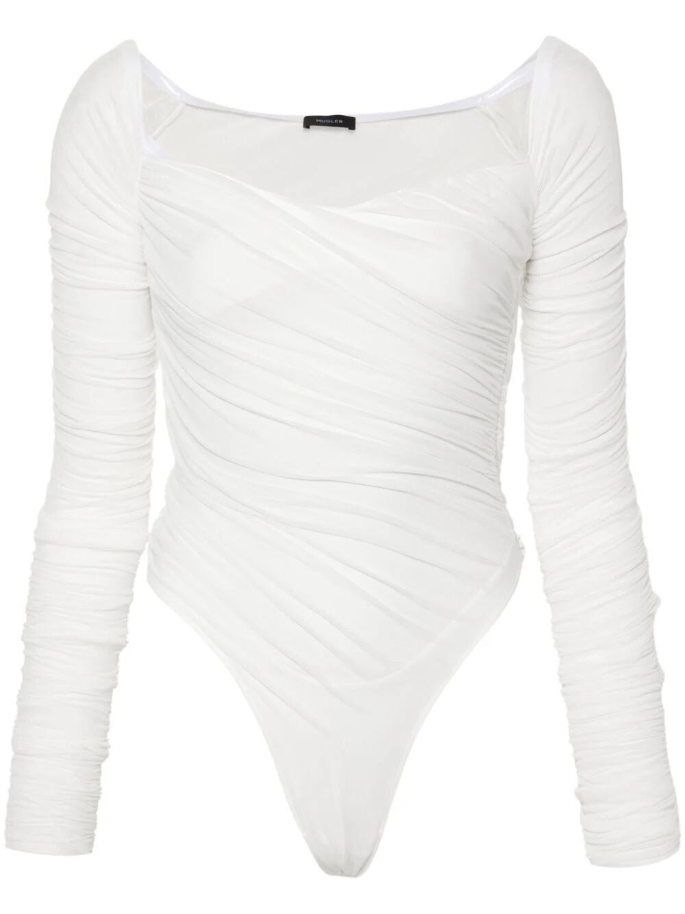 Shop Mugler Ruched Mesh Bodysuit In White
