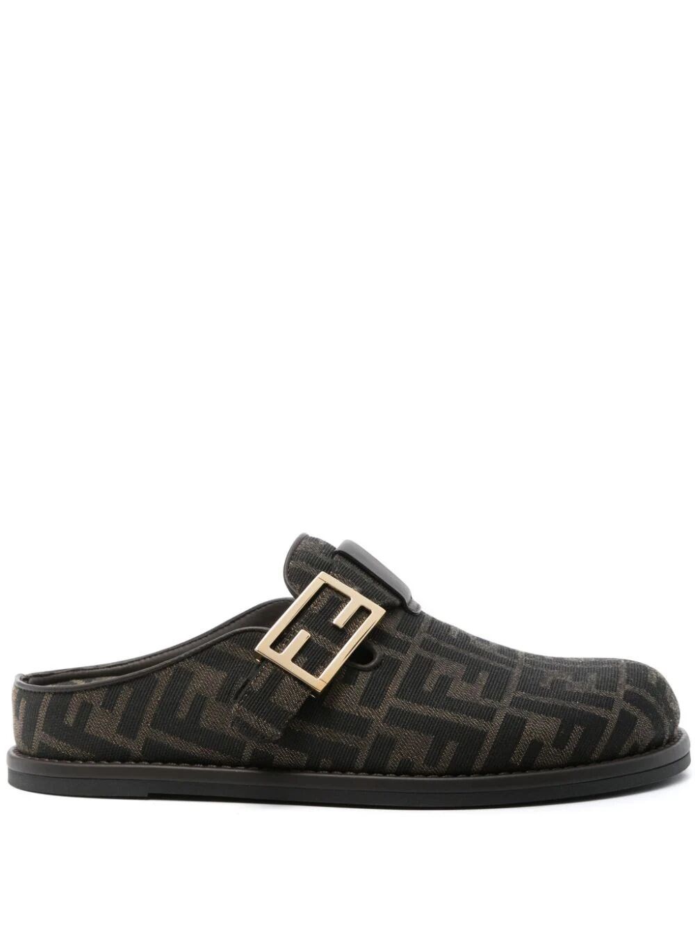 Shop Fendi Round-toed Sabots With Ff Strap In Brown