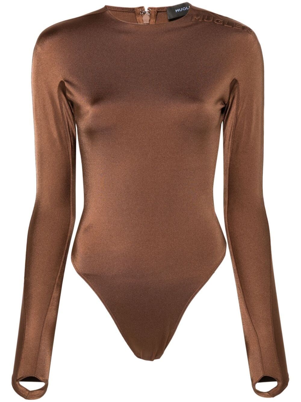 Shop Mugler Shoulder Logo Bodysuit In Brown