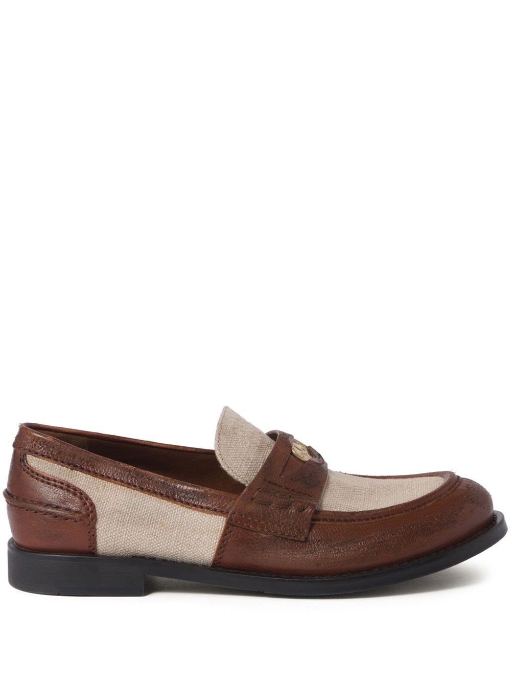 Miu Miu Leather And Linen Loafers In Brown