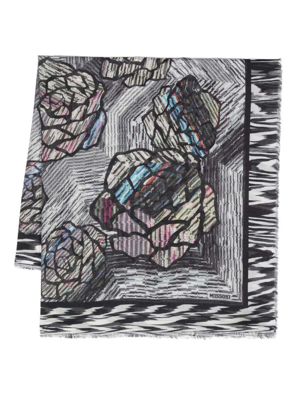 Missoni Floral Fringed Striped Scarf In Grey