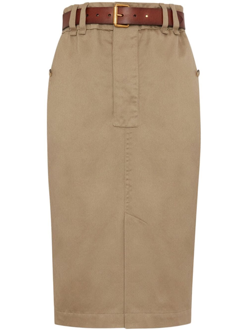 Shop Saint Laurent Pencil Skirt In Cotton Gabardine In Nude & Neutrals
