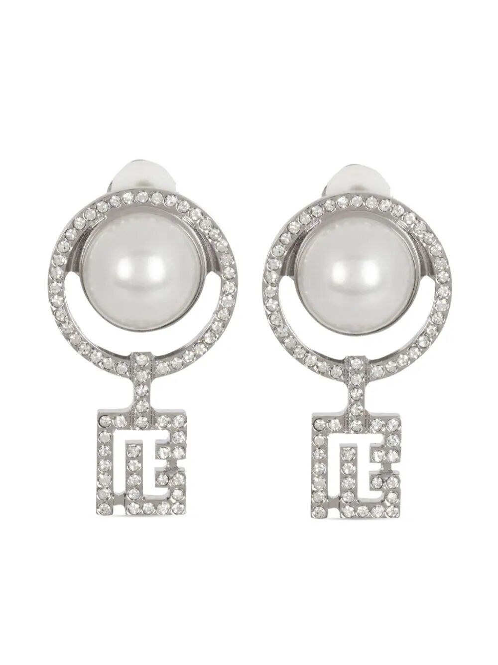 Shop Balmain Pearl Earrings With Art Deco Rhinestones In Metallic