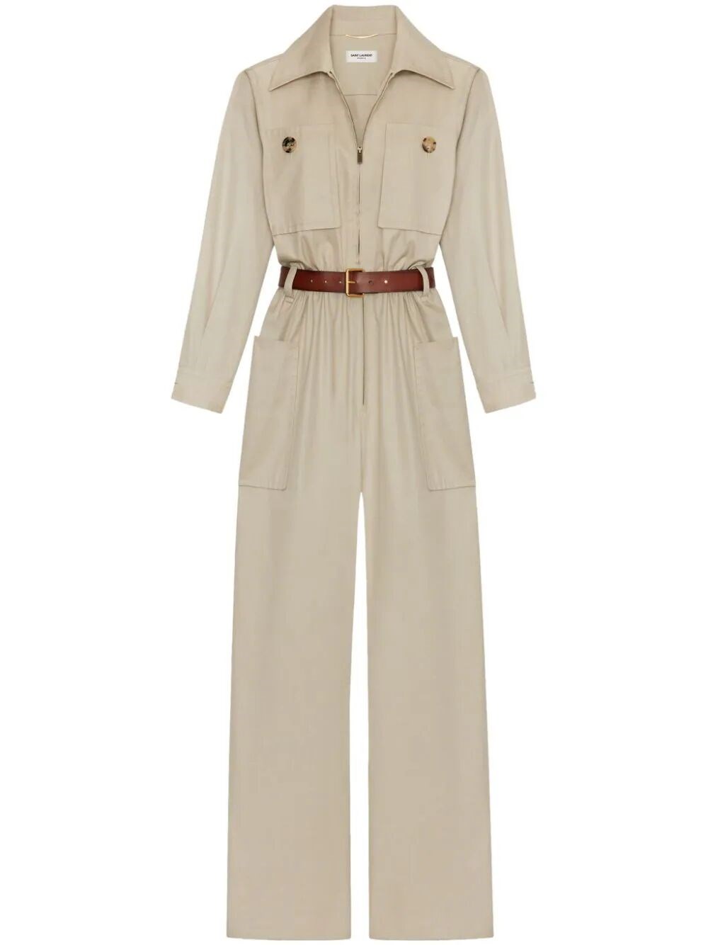 Shop Saint Laurent Cotton Twill Belted Jumpsuit In Nude & Neutrals