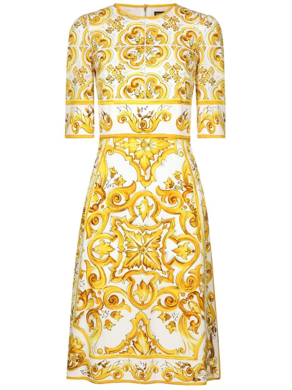 Shop Dolce & Gabbana Majolica-print Silk Charmeuse Midi Dress In Yellow & Orange