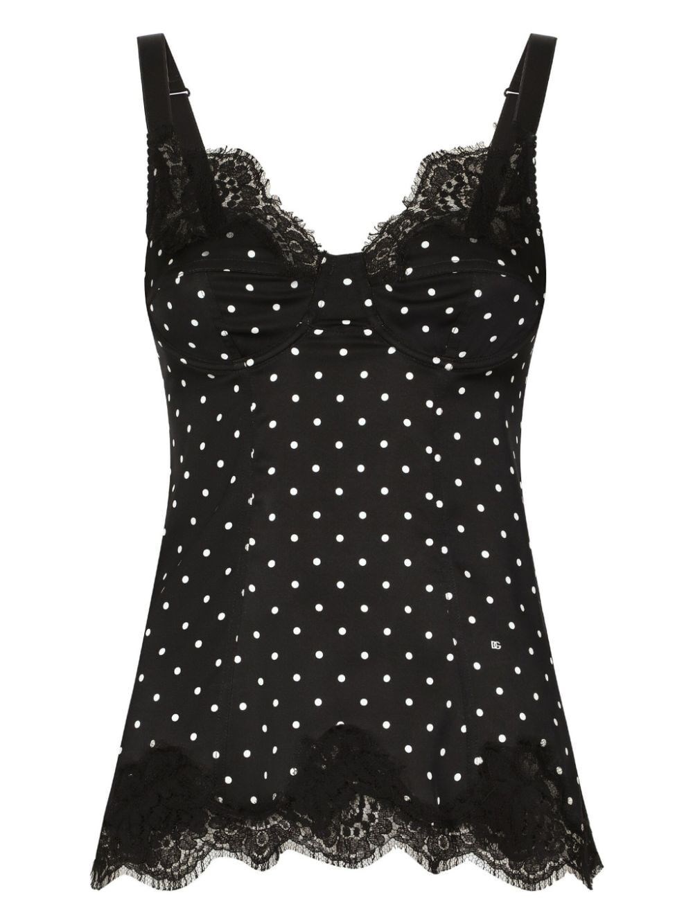 Shop Dolce & Gabbana Silk Lingerie Top With Polka-dot Print And Lace Detailing In Black