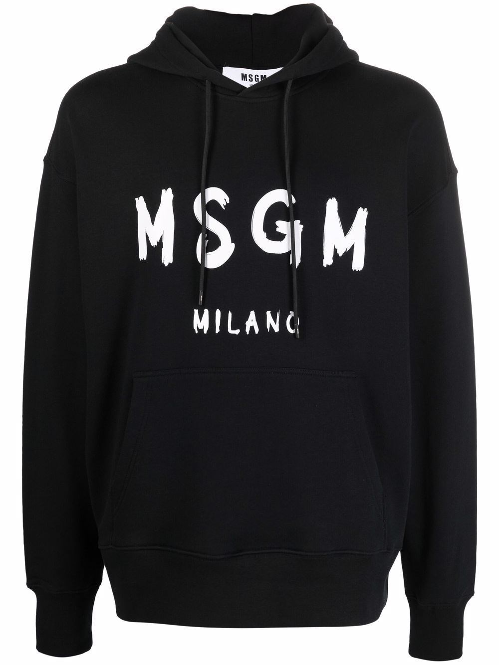 Msgm Black Hoodie With Spacious Hood And Graphic Logo In Black