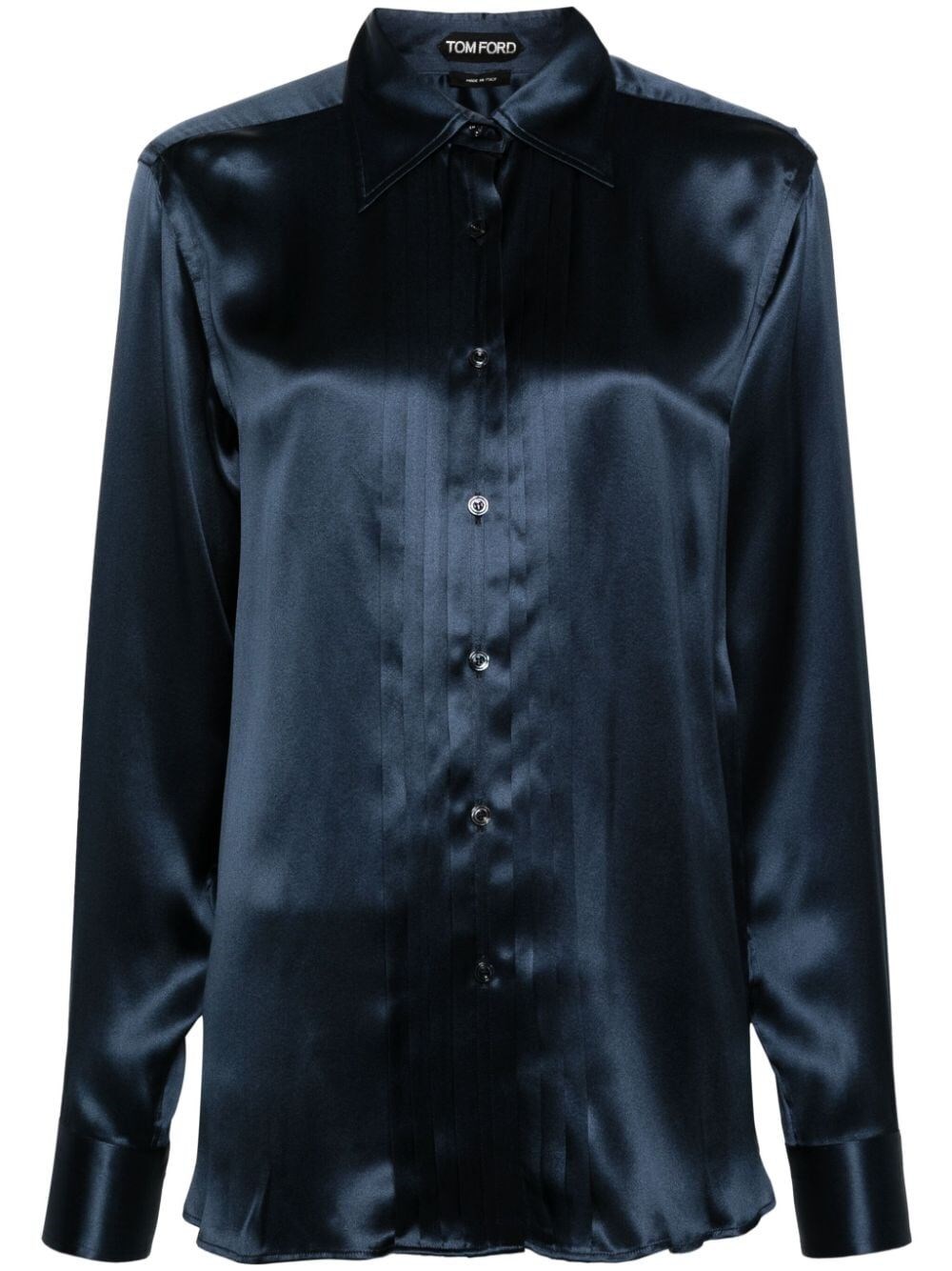 Shop Tom Ford Fluid Charmeuse Silk Shirt With Plisse Plastron In Blue