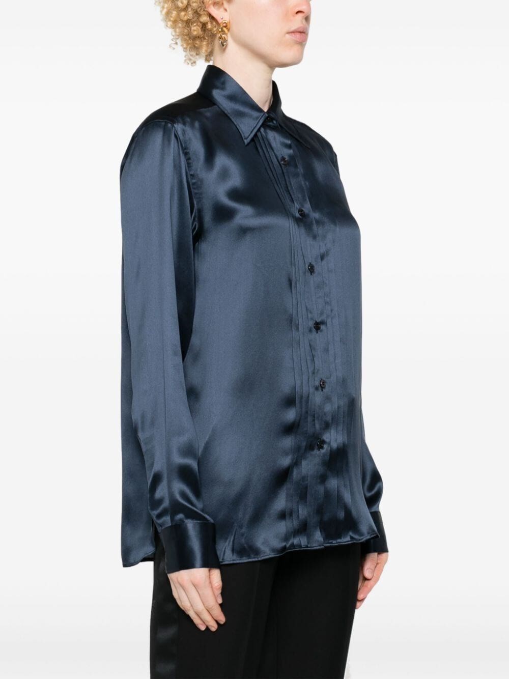 FLUID CHARMEUSE SILK SHIRT WITH PLISSE PLASTRON